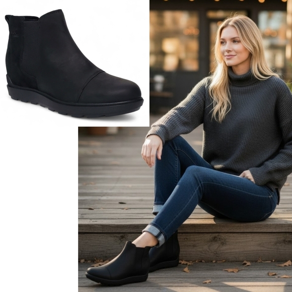 New Sorel Evie ll Chelsea ankle boots black leather suede wedge waterproof comfy - Picture 2 of 16